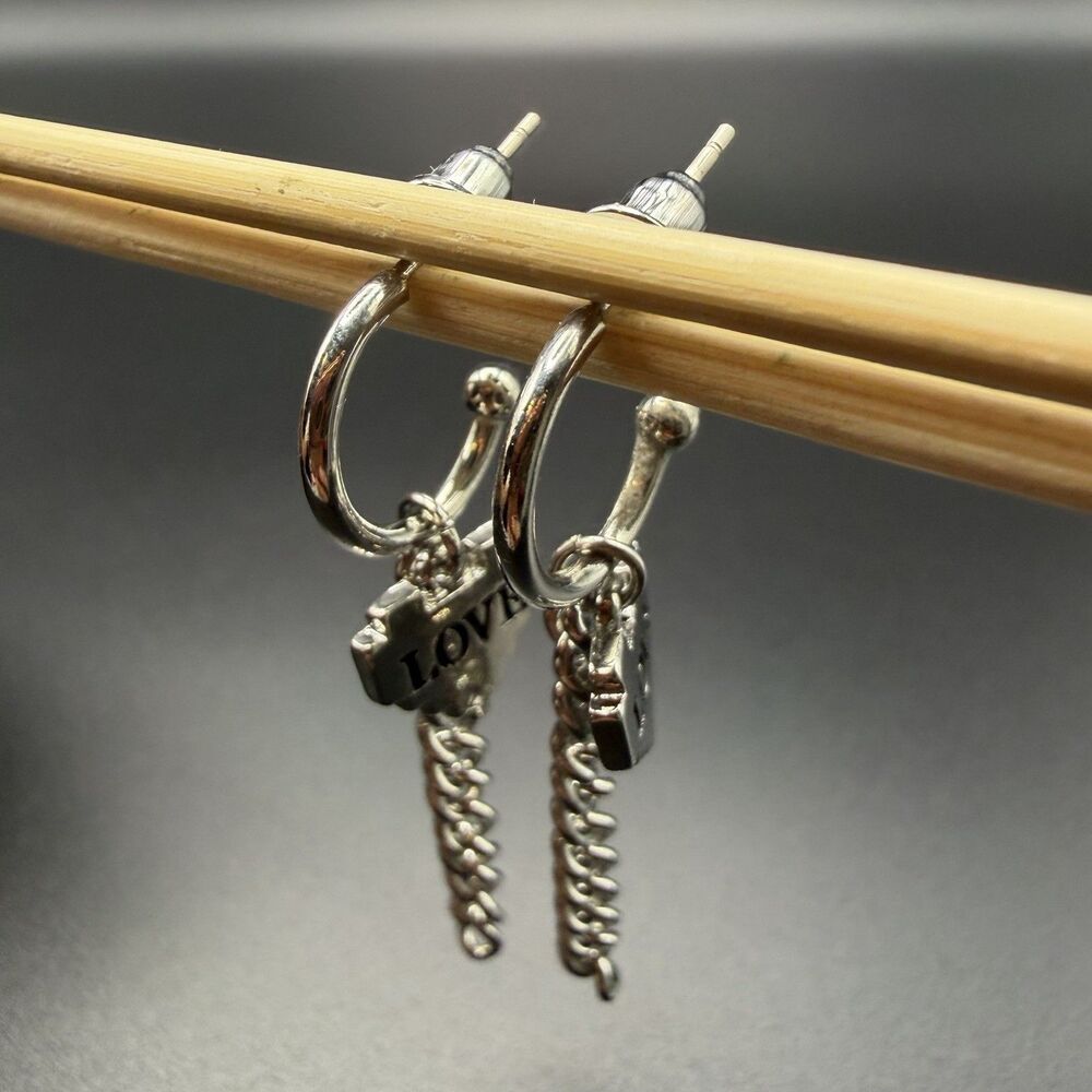 Silver Hoop Earrings with Love Charm Dangling Chains Jewelry Gift